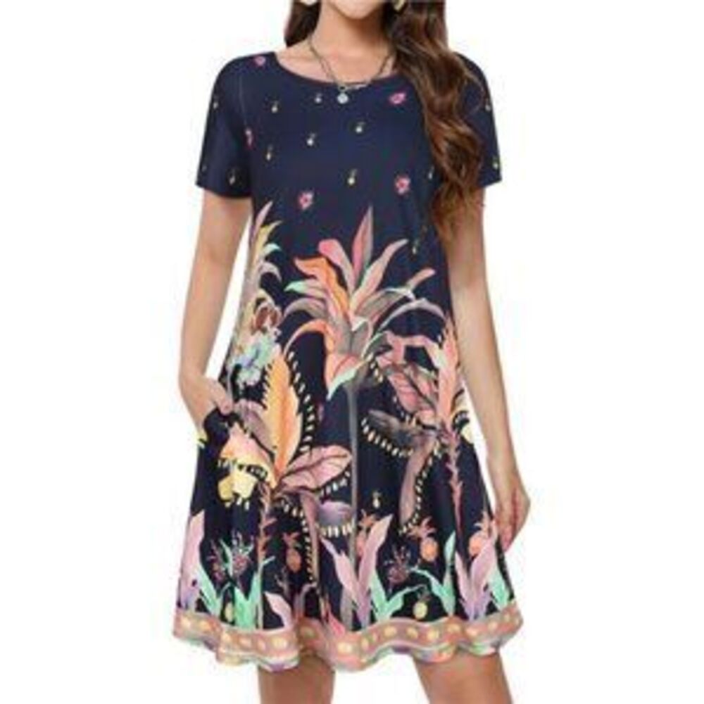 Women's Casual Tshirt Short Sleeve Floral Sundress Beach Cover Ups with Pockets